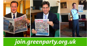 Cameron, Miliband and Clegg holding the Sun.